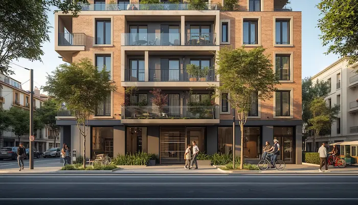 Résidence étudiante moderne et élégante à Montpellier avec façade premium, tramway et cadre urbain méditerranéen