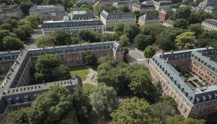 Vue aérienne d’un quartier étudiant à Nantes montrant résidences et campus.