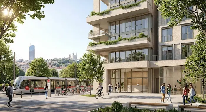 Photographie ensoleillée de l'extérieur d'une résidence étudiante moderne à Lyon 8ème (proche de Monplaisir). Le bâtiment en briques claires et verre dispose de balcons végétalisés et est situé le long d'une rue arborée avec un tramway TCL TCL B et la silhouette de Fourvière et de la Part-Dieu en arrière-plan. Quelques étudiants sans texte sur leurs vêtements marchent sur le trottoir.