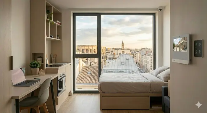 Par une grande baie vitrée panoramique derrière elle, une vue spectaculaire et plongeante sur les toits de Montpellier et la distant Basilique Notre-Dame-des-Tables sous un ciel clair et chaud.