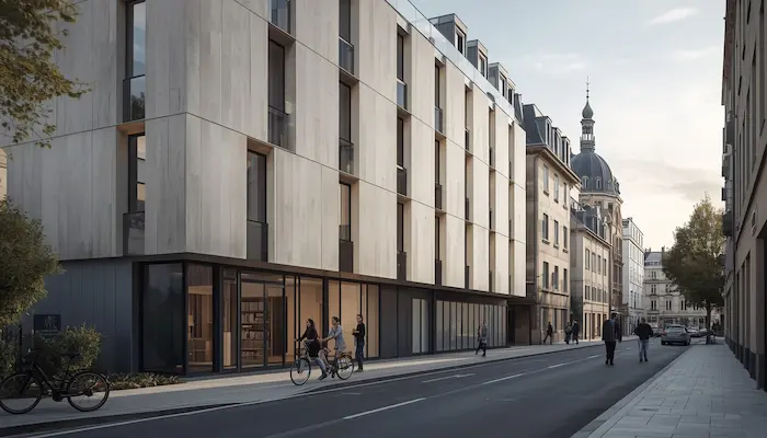 Extérieur d’une résidence étudiante moderne à Poitiers, avec façade soignée, ambiance universitaire et arrière-plan de centre historique.