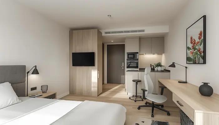Studio étudiant meublé à Pau, intérieur moderne et lumineux avec bureau, lit confortable, kitchenette équipée et décoration premium, illustrant une résidence étudiante de qualité en 2026.