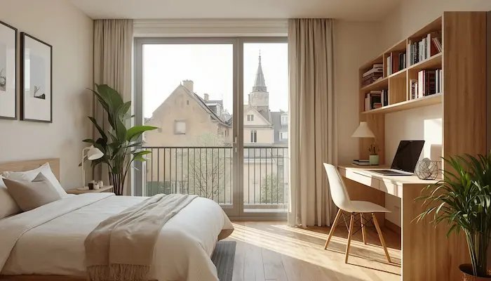 Intérieur d’un studio étudiant meublé et lumineux dans une résidence moderne à Aix-en-Provence, avec décoration provençale, grandes fenêtres et vue sur les toits de la ville.