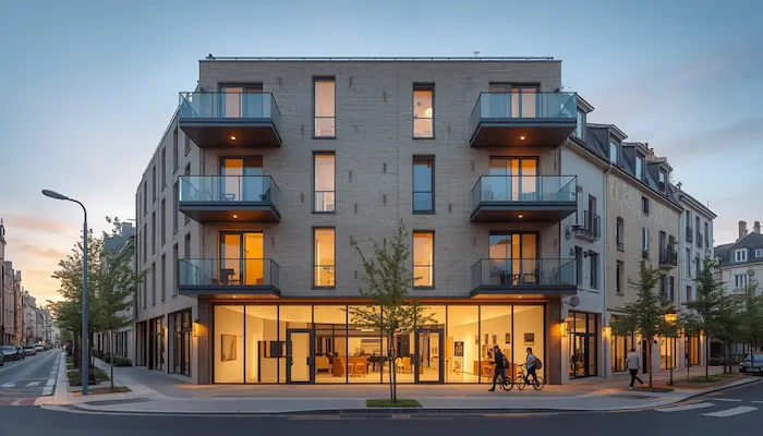 Résidence étudiante moderne à Poitiers avec étudiants à vélo, en lien avec le centre-ville, les campus et l’ambiance universitaire de la ville.