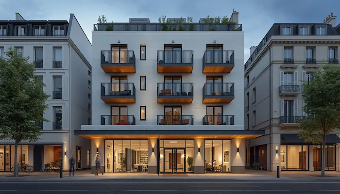 Vue extérieure réaliste d’une résidence étudiante moderne dans une ville française dynamique, avec ambiance urbaine adaptée aux alternants.