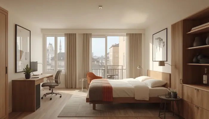 Intérieur d’un studio étudiant moderne à Bordeaux avec mobilier compact, lumière naturelle, style contemporain et ambiance réaliste