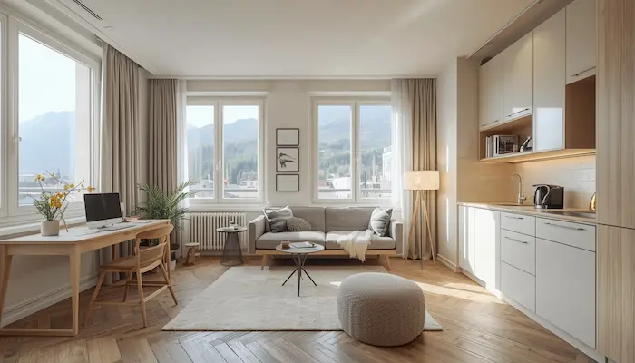Studio étudiant moderne à Grenoble, intérieur lumineux et bien agencé, avec ambiance premium et vue urbaine vers les Alpes