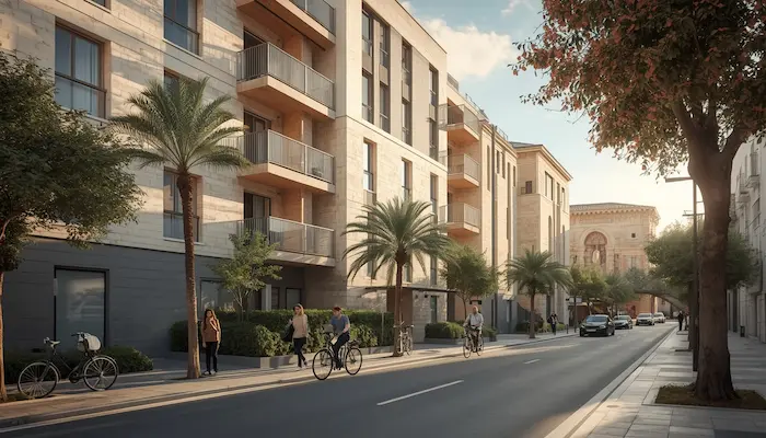 Vue extérieure d’un logement étudiant à Nîmes, avec architecture locale, lumière du sud, végétation méditerranéenne et ambiance de ville étudiante.