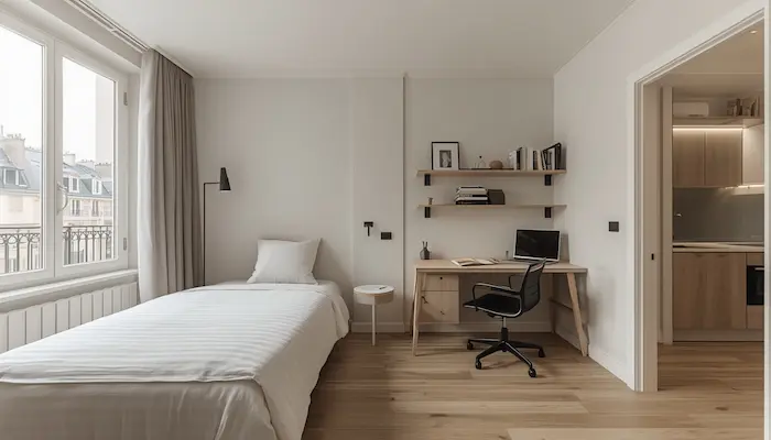 Intérieur d’un studio étudiant meublé dans une résidence LMNP en France, avec bureau, kitchenette et grandes fenêtres offrant une vue sur les toits parisiens.