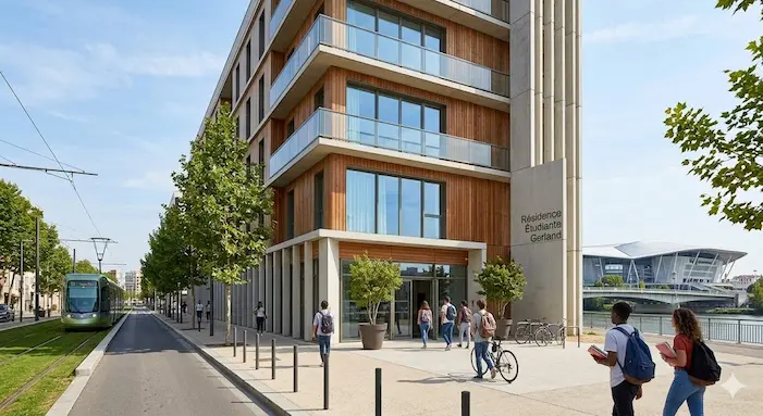 Vue extérieure ensoleillée d'une résidence étudiante moderne en bois et béton à Lyon 7ème en 2026, avec un tramway et des étudiants.
