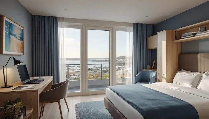 Intérieur réaliste d’un studio étudiant meublé à Brest avec vue sur le port et ambiance maritime bretonne.