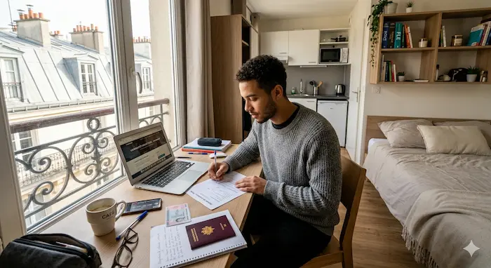 Étudiant étranger travaillant sur son ordinateur dans un studio étudiant moderne et lumineux en France, avec mobilier fonctionnel et documents de location sur le bureau.