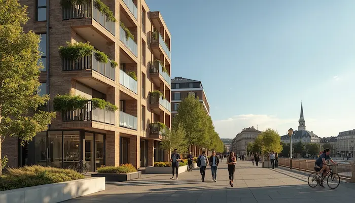 Une photographie extérieure ensoleillée d'une nouvelle résidence étudiante contemporaine à Lyon 2ème, au cœur de la Presqu'île, en 2026.