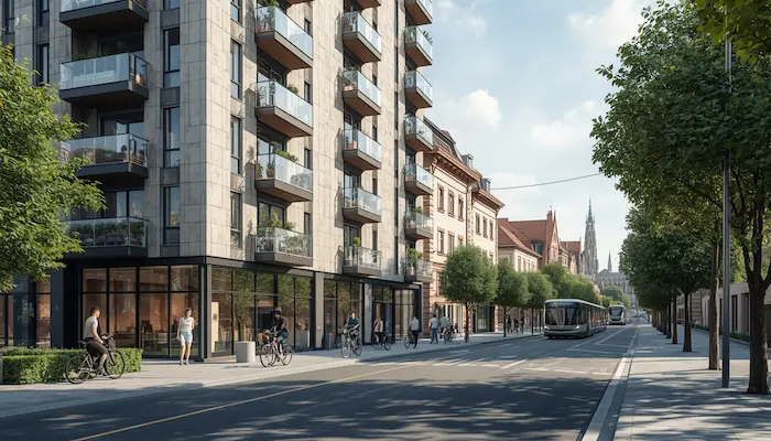 Résidence étudiante moderne à Strasbourg avec tramway, pistes cyclables et cathédrale en arrière-plan.