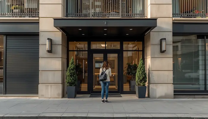 Étudiante devant une résidence sociale moderne à [Nom de la ville], extérieur immobilier urbain et réaliste, illustration de l’aide au logement social ALS en 2026.