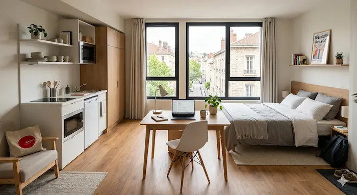 Intérieur d’une résidence étudiante haut de gamme à Lyon avec studio meublé, lumière naturelle, mobilier moderne et ambiance calme près des pôles universitaires lyonnais.