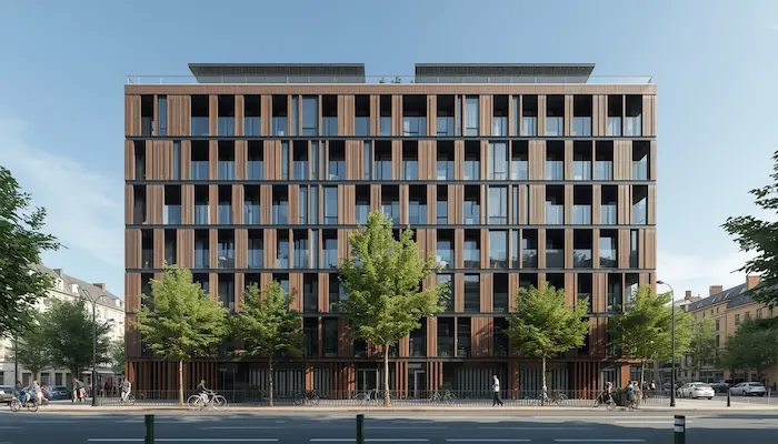 Façade d’un immeuble étudiant moderne (2026) proche transports et campus, vélos devant l’entrée et ambiance urbaine.