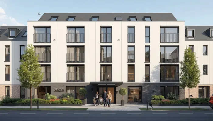 Façade extérieure d’une résidence CROUS à Roubaix avec entrée sécurisée et ambiance étudiante