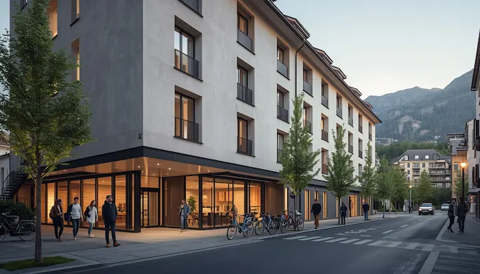 Façade d’une résidence étudiante à Chambéry dans un environnement urbain soigné, avec ambiance universitaire et montagnes en arrière-plan