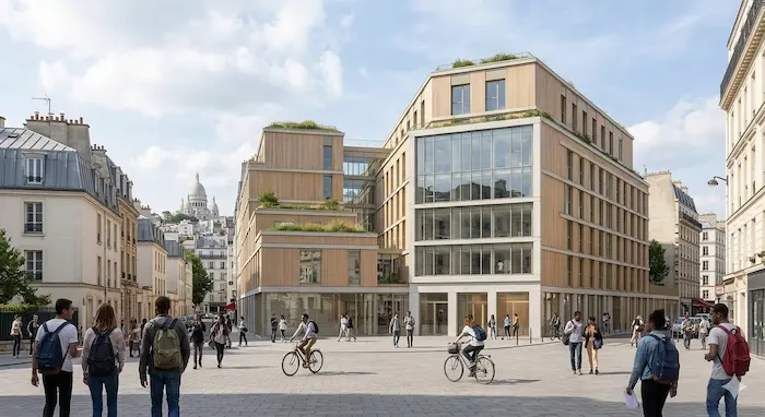 Photographie extérieure ensoleillée d'une résidence étudiante moderne et durable à Paris 18ème, avec la basilique du Sacré-Cœur visible au loin sur la butte Montmartre.