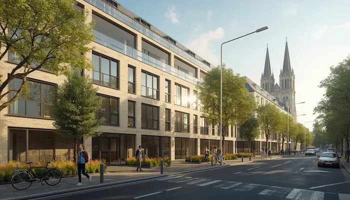 Façade d’une résidence étudiante moderne à Reims, avec étudiants devant l’immeuble et la cathédrale Notre-Dame de Reims visible au loin.