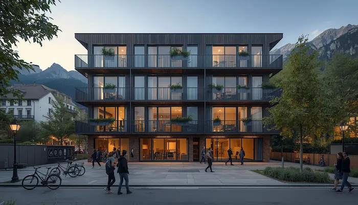 Résidence étudiante moderne à Grenoble avec étudiants, vélos et montagnes alpines en arrière-plan.