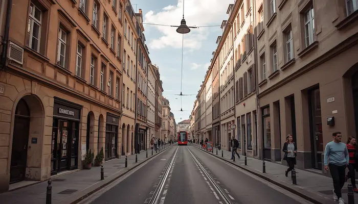 Rue de Strasbourg avec immeubles résidentiels, tramway, piétons et ambiance urbaine réaliste