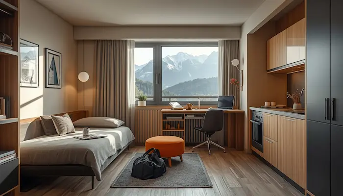 Intérieur d’un studio étudiant moderne à Grenoble avec bureau, kitchenette, lumière naturelle et vue sur les montagnes.
