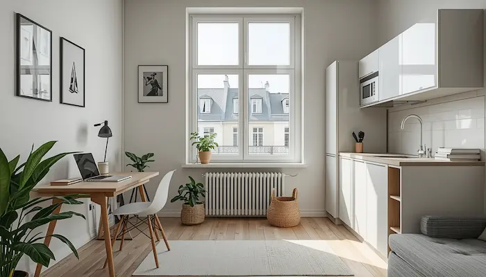 studio étudiant moderne et lumineux à Nantes avec bureau cuisine équipée et espace optimisé