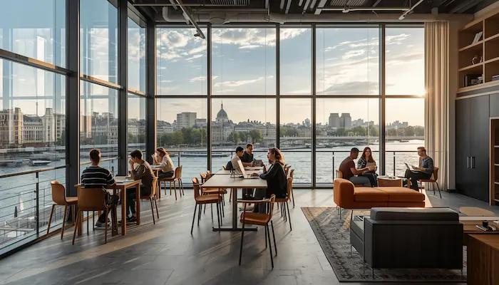 Une vue intérieure d'un espace commun moderne et lumineux au sein d'un Foyer de Jeunes Travailleurs (FJT) du 13ème arrondissement de Paris en 2026. La photo montre de jeunes adultes diversifiés travaillant et se relaxant naturellement dans une grande pièce polyvalente.