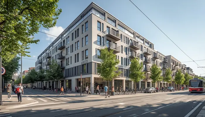 Façade moderne d'une résidence étudiante à Lyon (2026), proche transports en commun et campus universitaires.