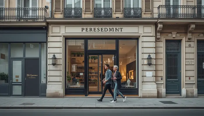 Façade d’immeuble en centre-ville de [Ville] illustrant une colocation intergénérationnelle, avec étudiant et senior devant un quartier vivant, proche des transports et des services