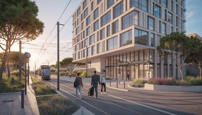 Résidence étudiante moderne LMNP à Marseille Euroméditerranée avec étudiants et environnement urbain dynamique, investissement locatif revente 2026