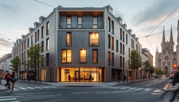 Façade d’une résidence étudiante moderne à Reims, avec étudiants, vélo, tramway et repères urbains emblématiques.