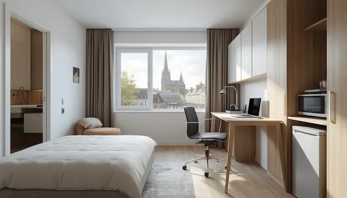 Intérieur d’un studio étudiant moderne à Reims avec mobilier fonctionnel, grande fenêtre offrant une vue sur les toits de la ville et la cathédrale Notre-Dame de Reims en arrière-plan.