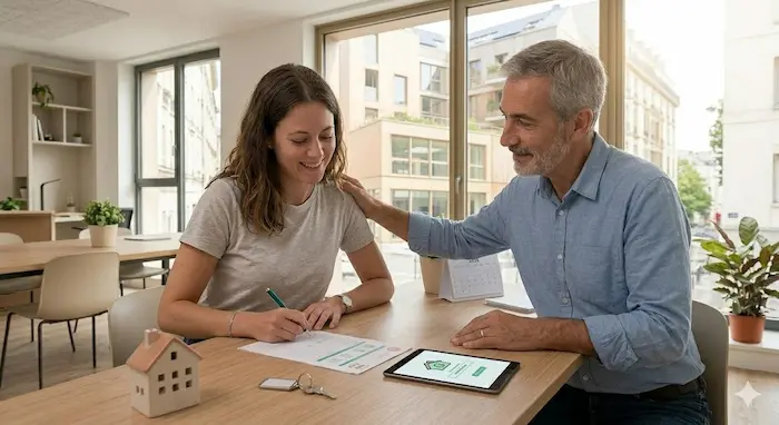 Une étudiante souriante signe un formulaire générique d'accord de dépôt de garantie, rassurée par son père encourageant, dans un bureau de résidence étudiante moderne en 2026.